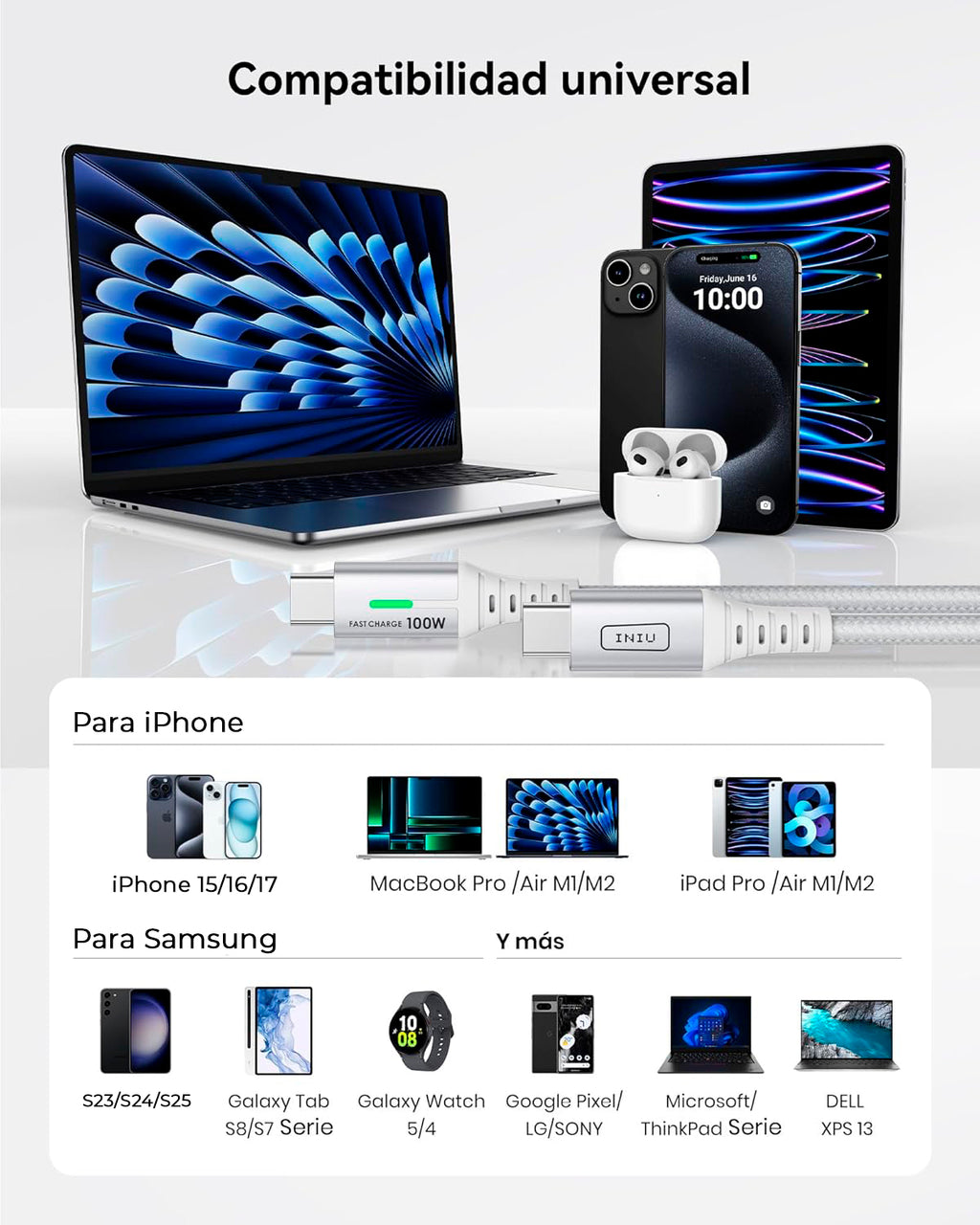 Cable Carga Rapida Tipo C a Tipo C compatible con iPhone y Android 100W